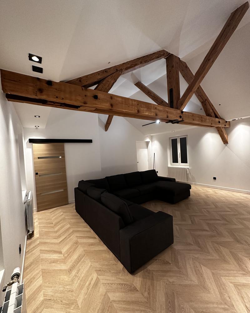 Salon vue d'ensemble parquet chevron